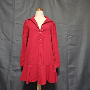 Red Cotton Ruffle Hem Button-Up Dress